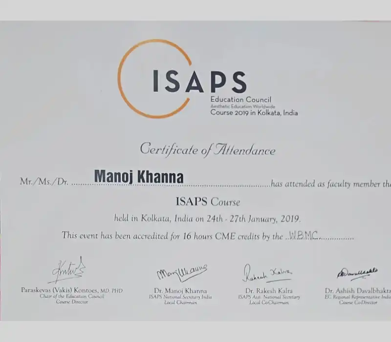 ISAPS Educational Council Certificate of Attendance, Kolkata (January 2019). | Plastic Surgery India 