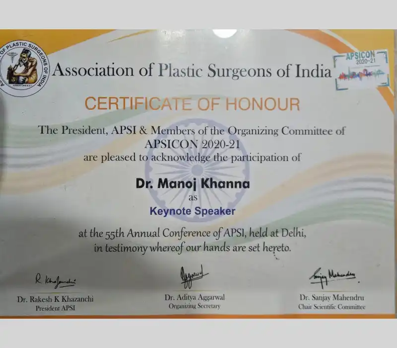 Certificate of Honour – Keynote Speaker | Plastic Surgery India